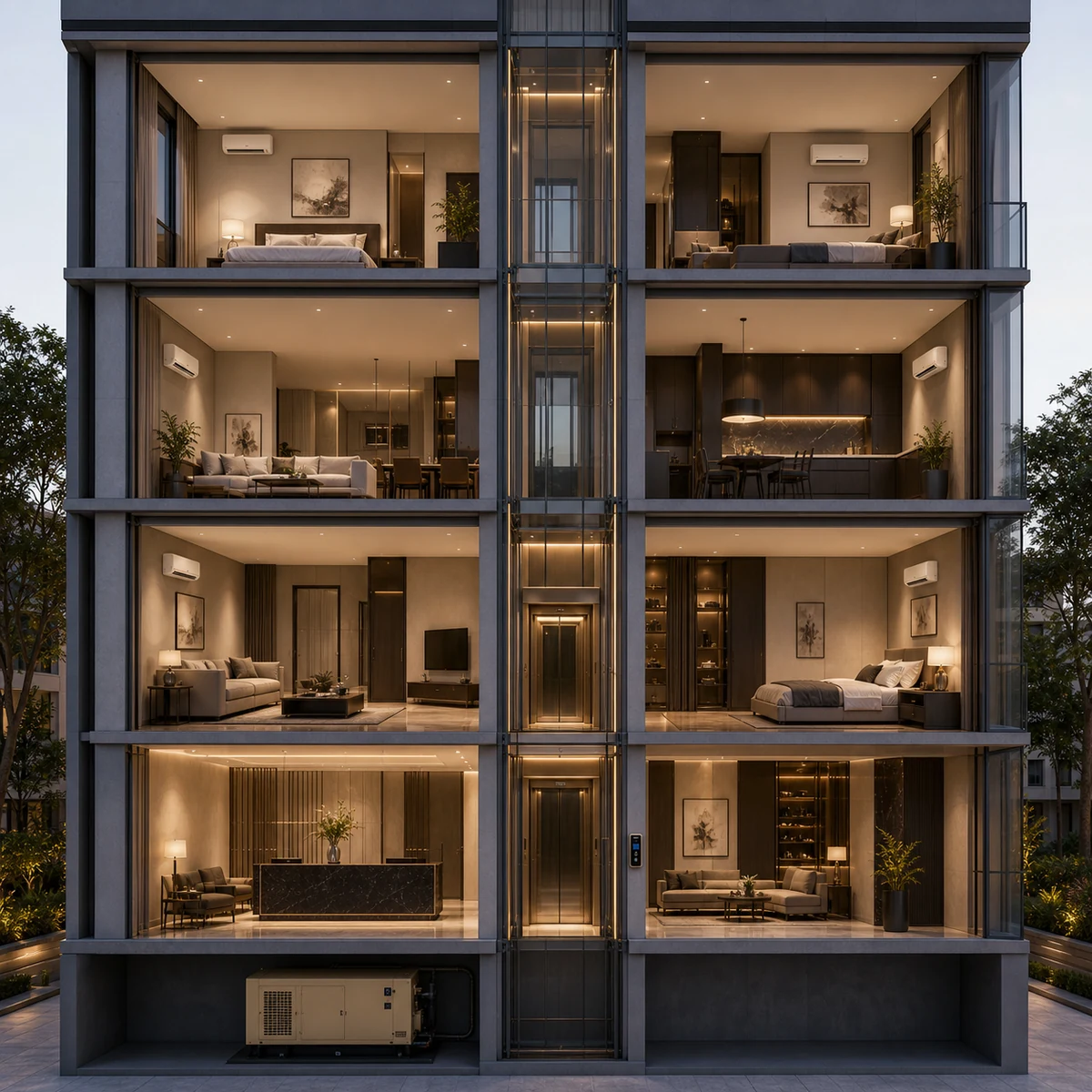 Edificio de apartamentos con elevador central, aires acondicionados y un generador de respaldo
